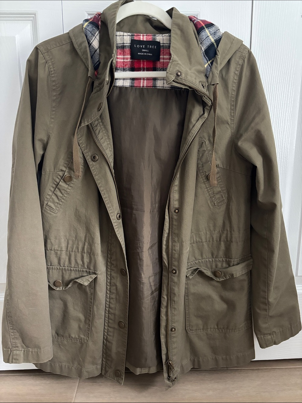Love Tree Olive Hooded Field Jacket with Plaid Lining
